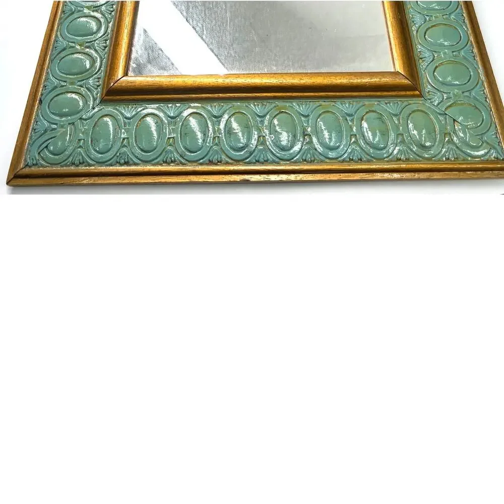 70's vintage rectangular wall mirror mint green verdigris embossed wooden frame